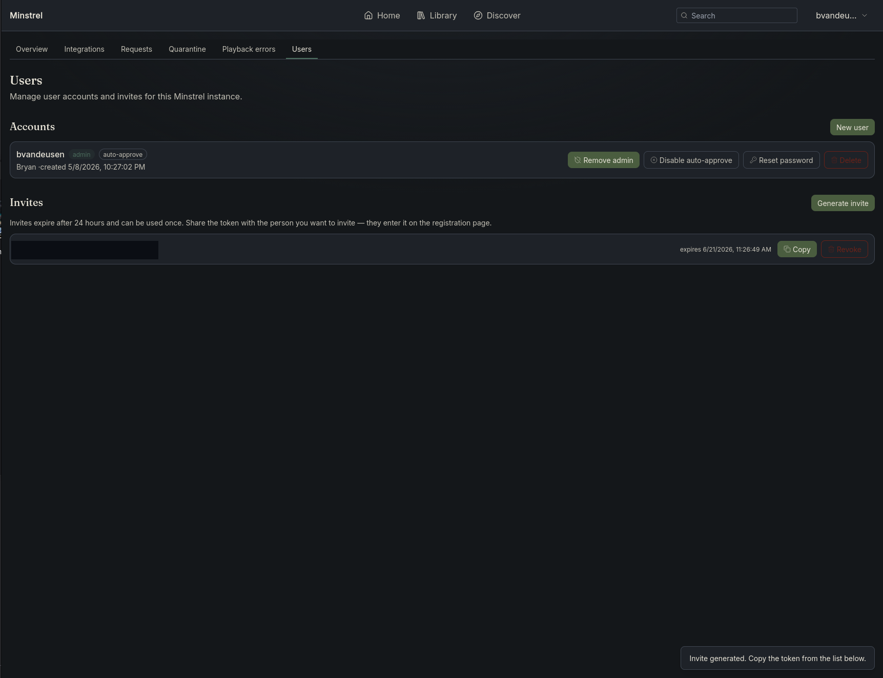 Generating an invite token in admin Users