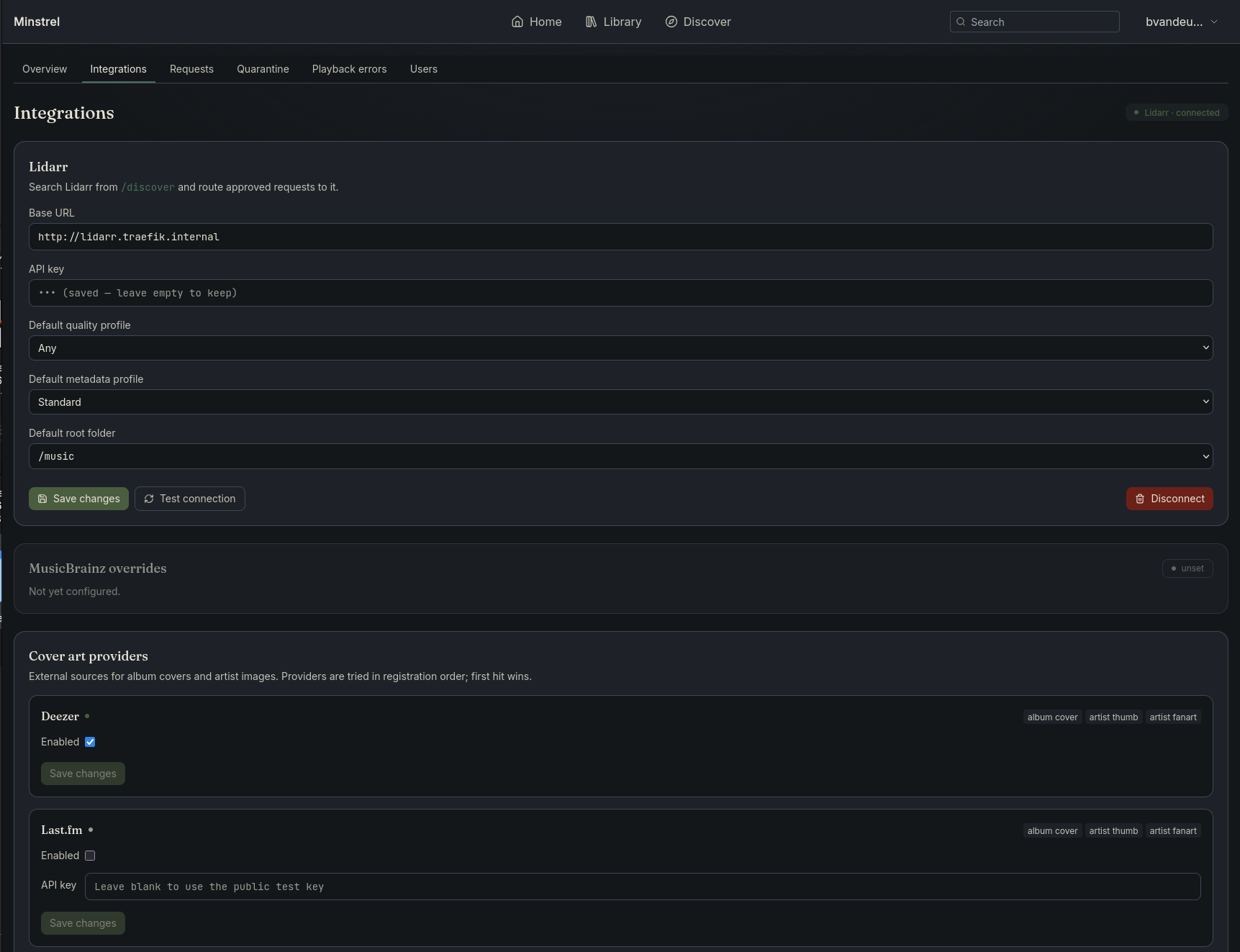 ListenBrainz and Lidarr integration cards in admin Settings
