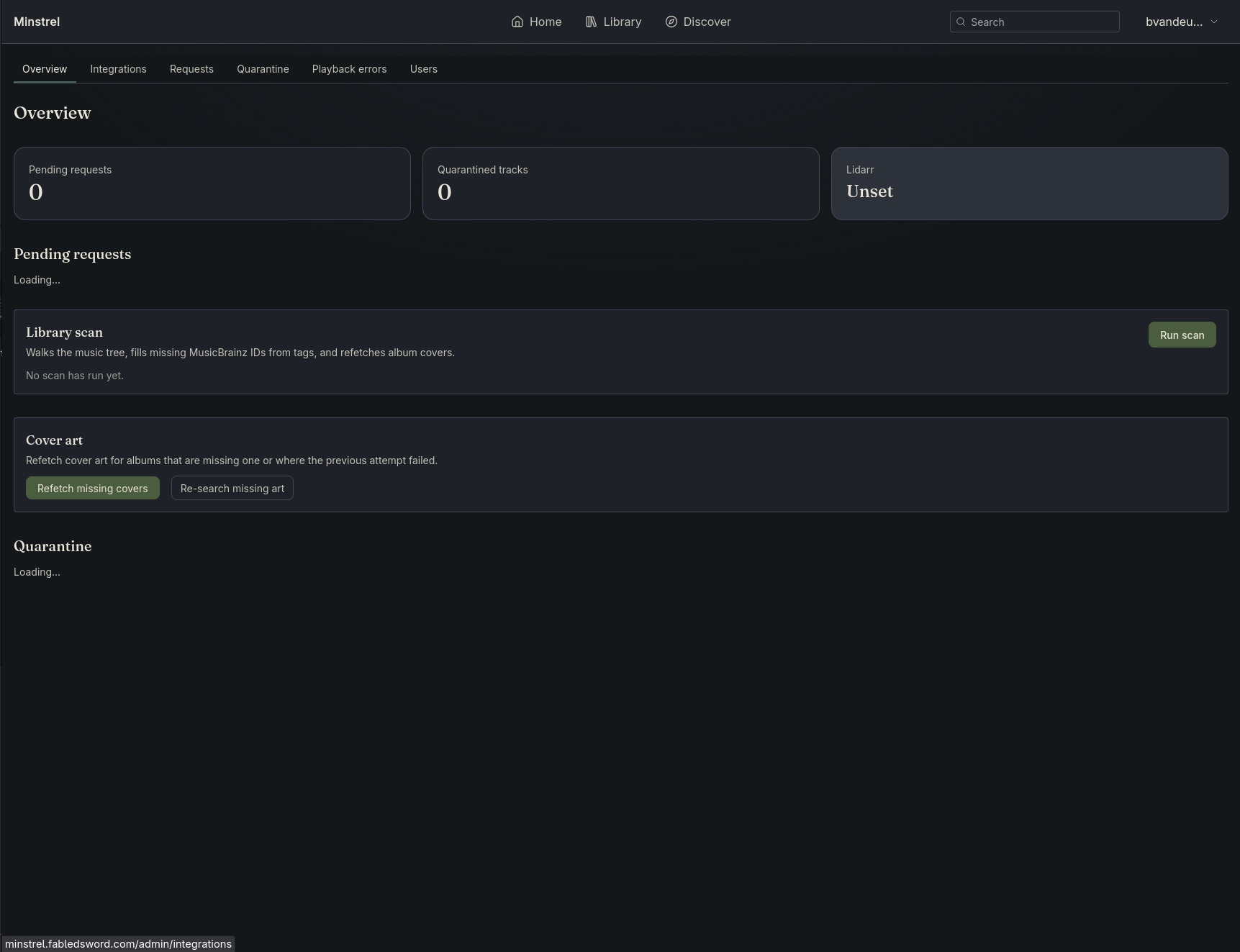 The Admin page, where the library scan runs and reports progress